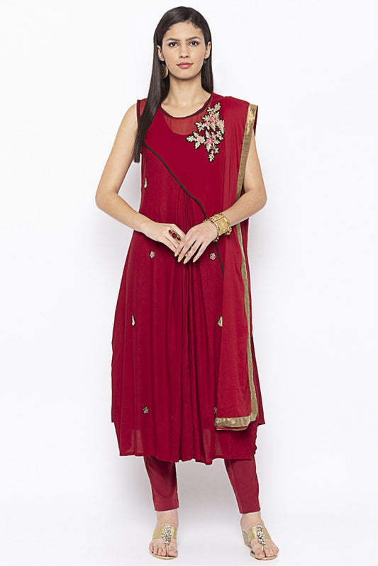 Maroon Colour Plus Size Cotton Embroidery Pant Style Suit