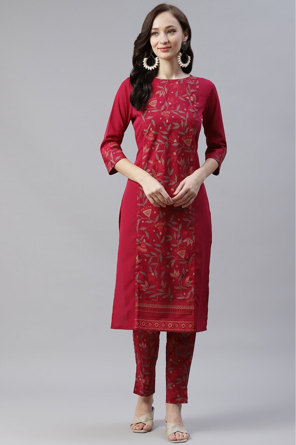 Maroon Colour Plus Size Crepe Foil Print Kurti With Pant Set