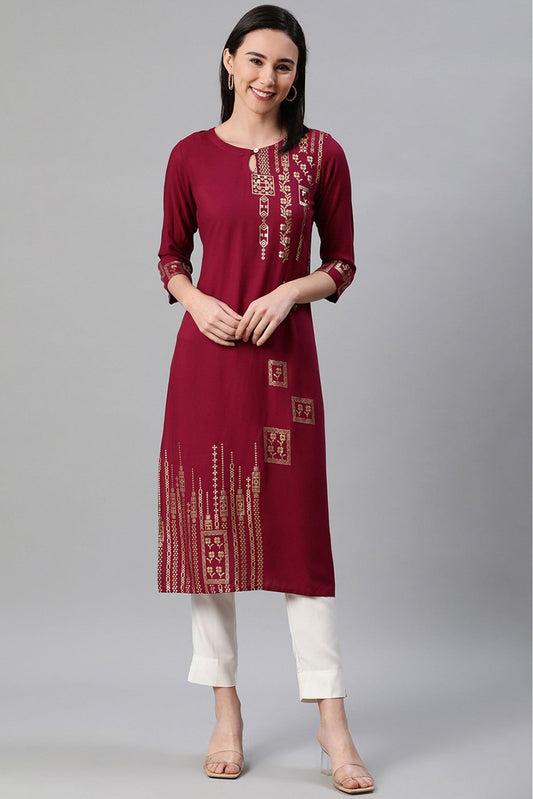 Maroon Colour Plus Size Rayon Foil Print Kurti With Pant Set