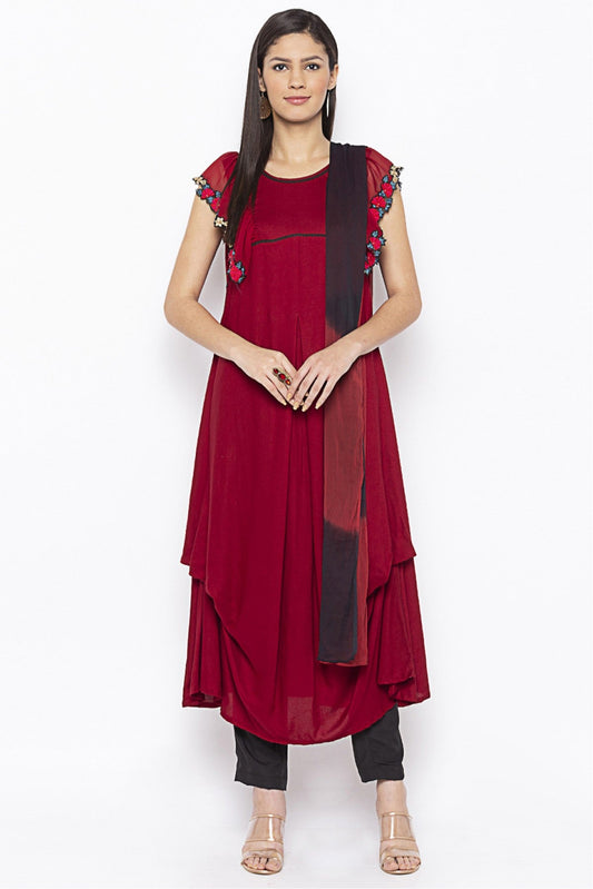 Maroon Colour Plus Size Stitched Cotton Embroidery Pant Style Suit