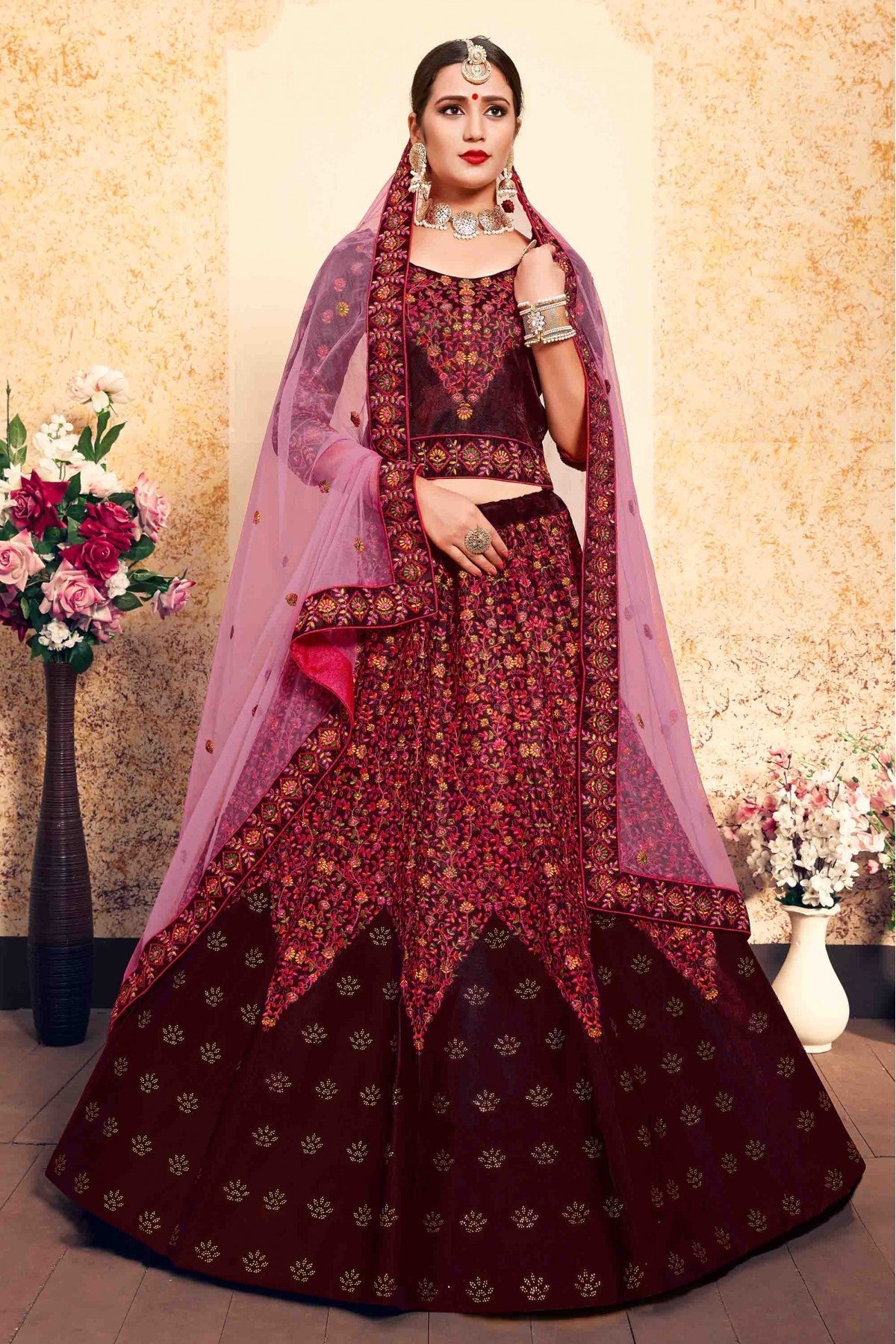 Maroon Colour Satin Embroidery Lehenga Choli