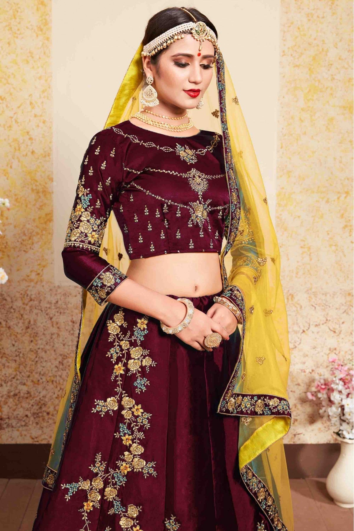 Maroon Colour Satin Embroidery Lehenga Choli