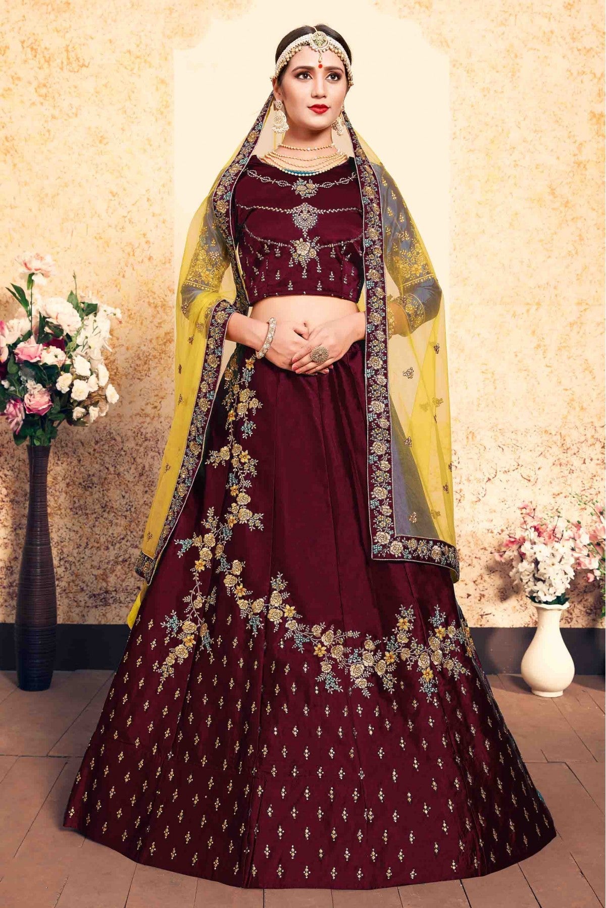 Maroon Colour Satin Embroidery Lehenga Choli