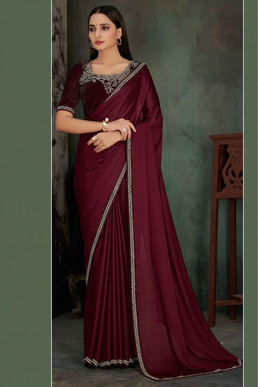 Maroon Colour Satin Georgette Stone Work Saree