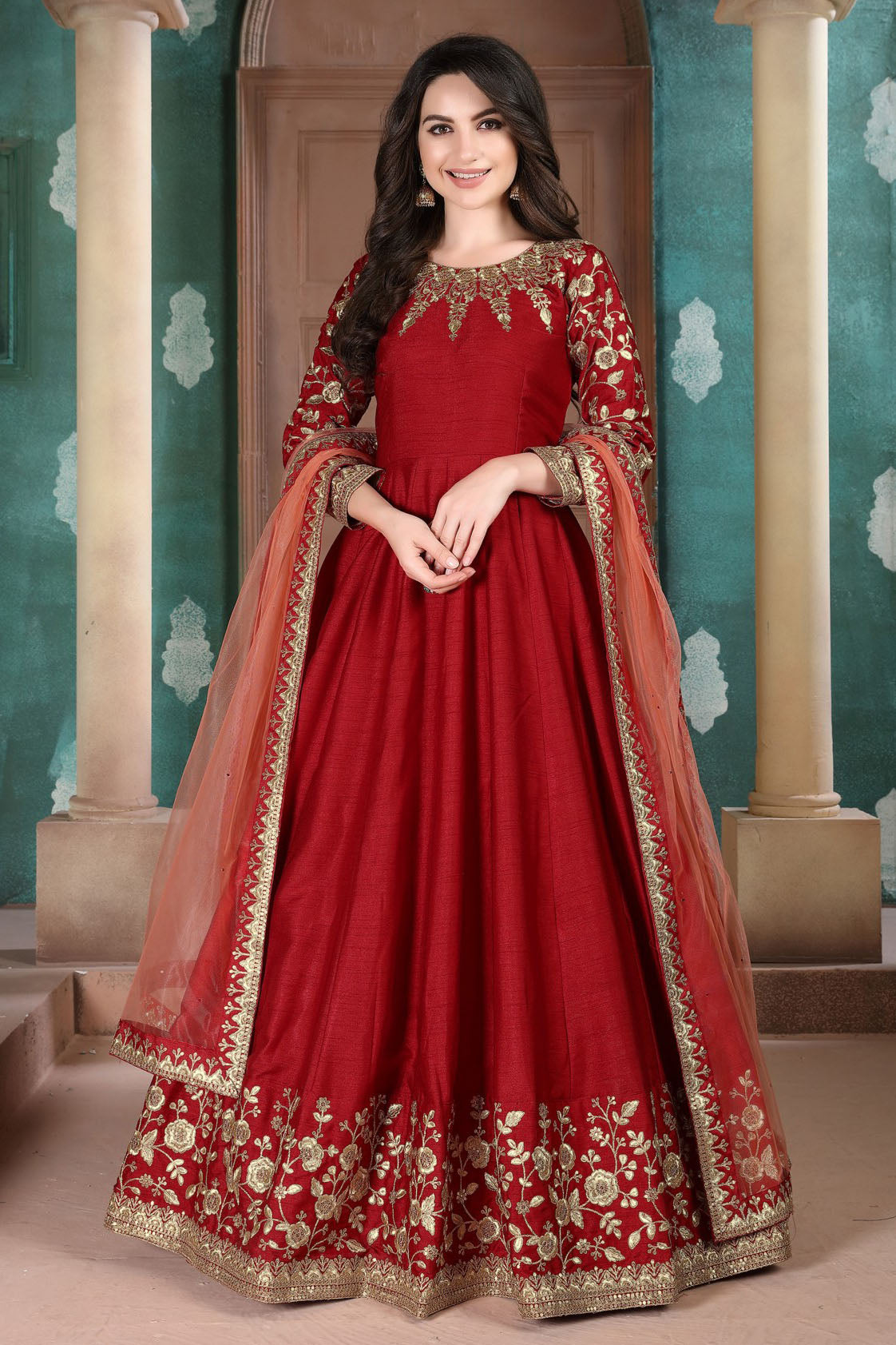 Maroon Colour Silk Embroidery Anarkali Suit