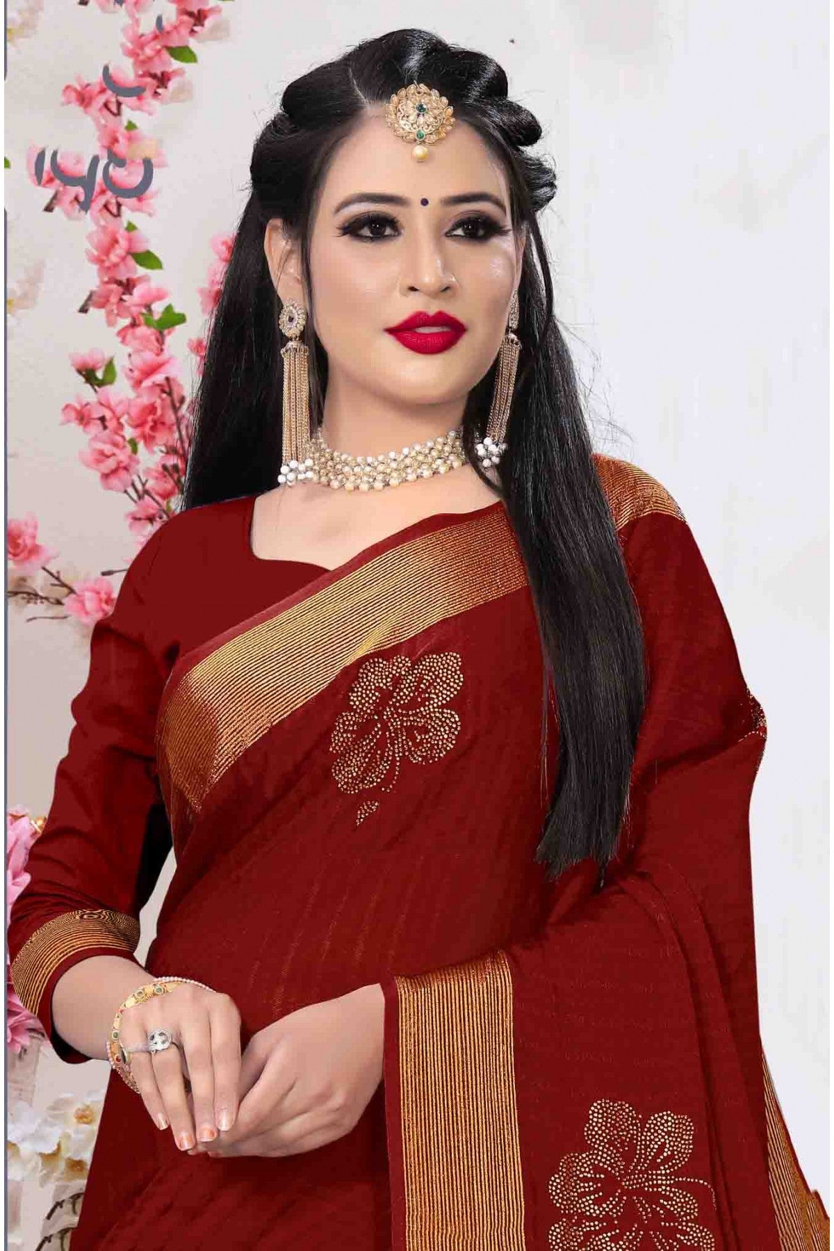 Maroon Colour Silk Satin Designer Saree