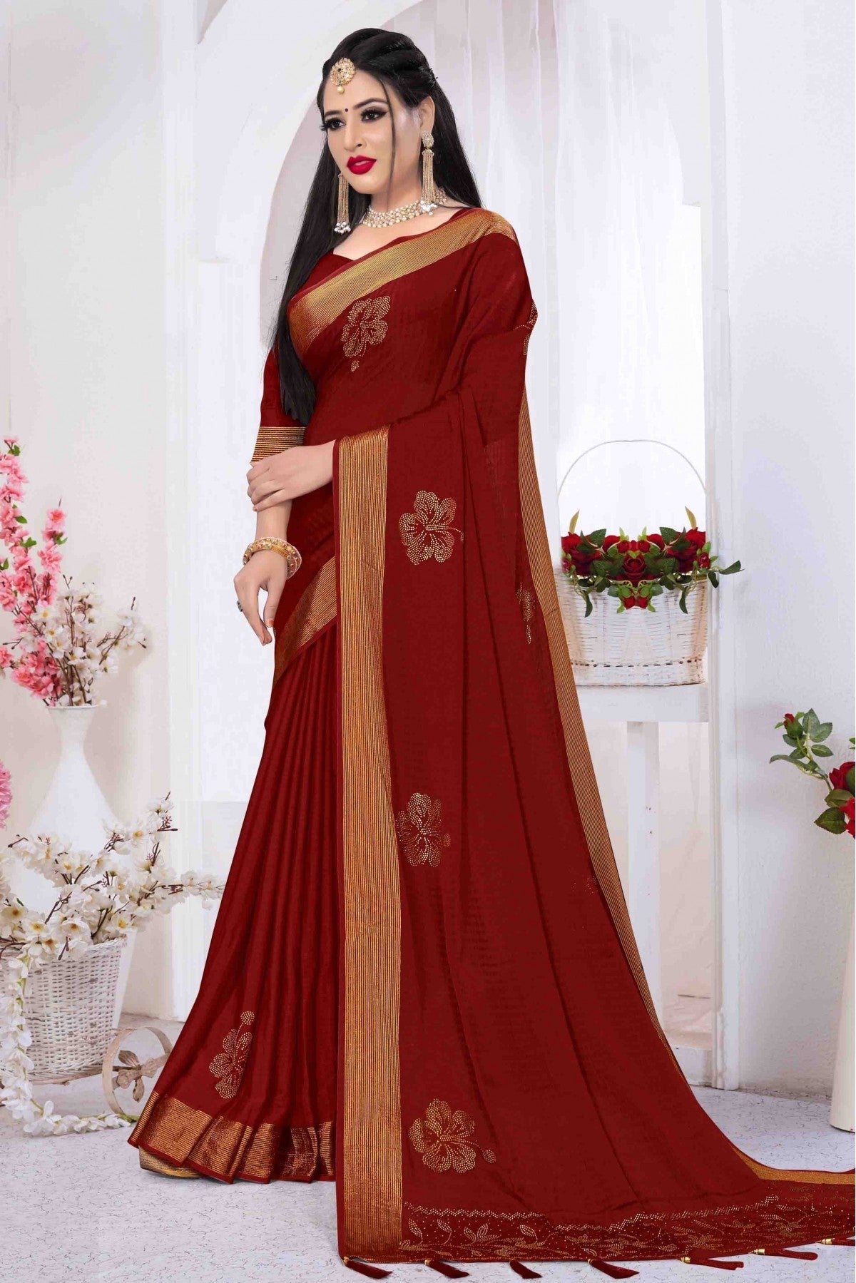 Maroon Colour Silk Satin Designer Saree