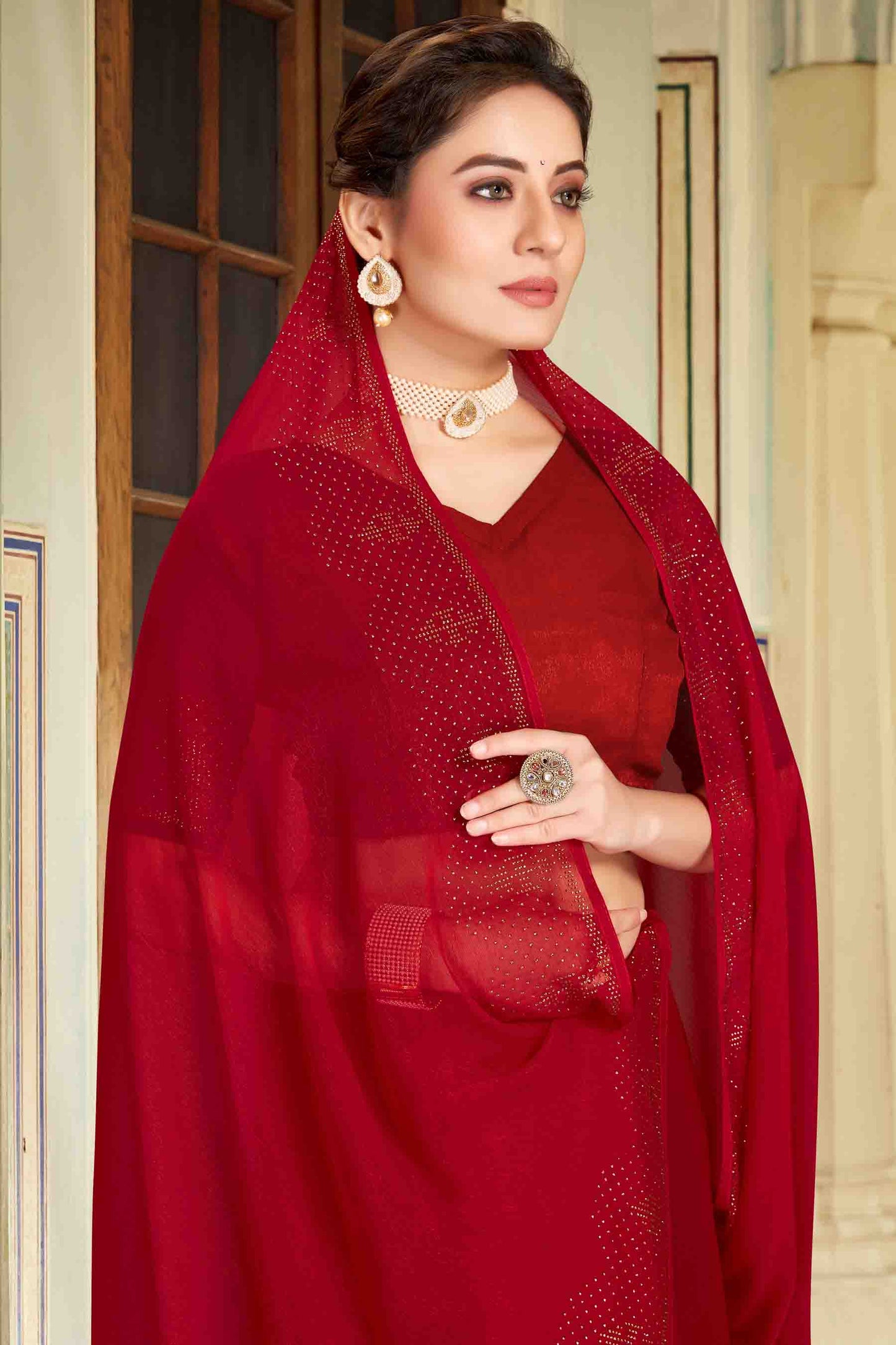 Maroon Colour Simmer Chiffon Designer Saree