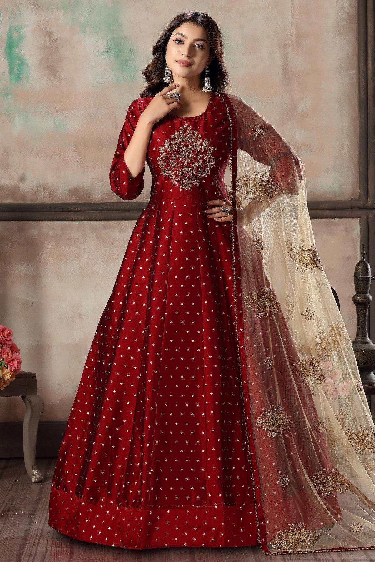 Maroon Colour Taffeta Silk Anarkali Suit