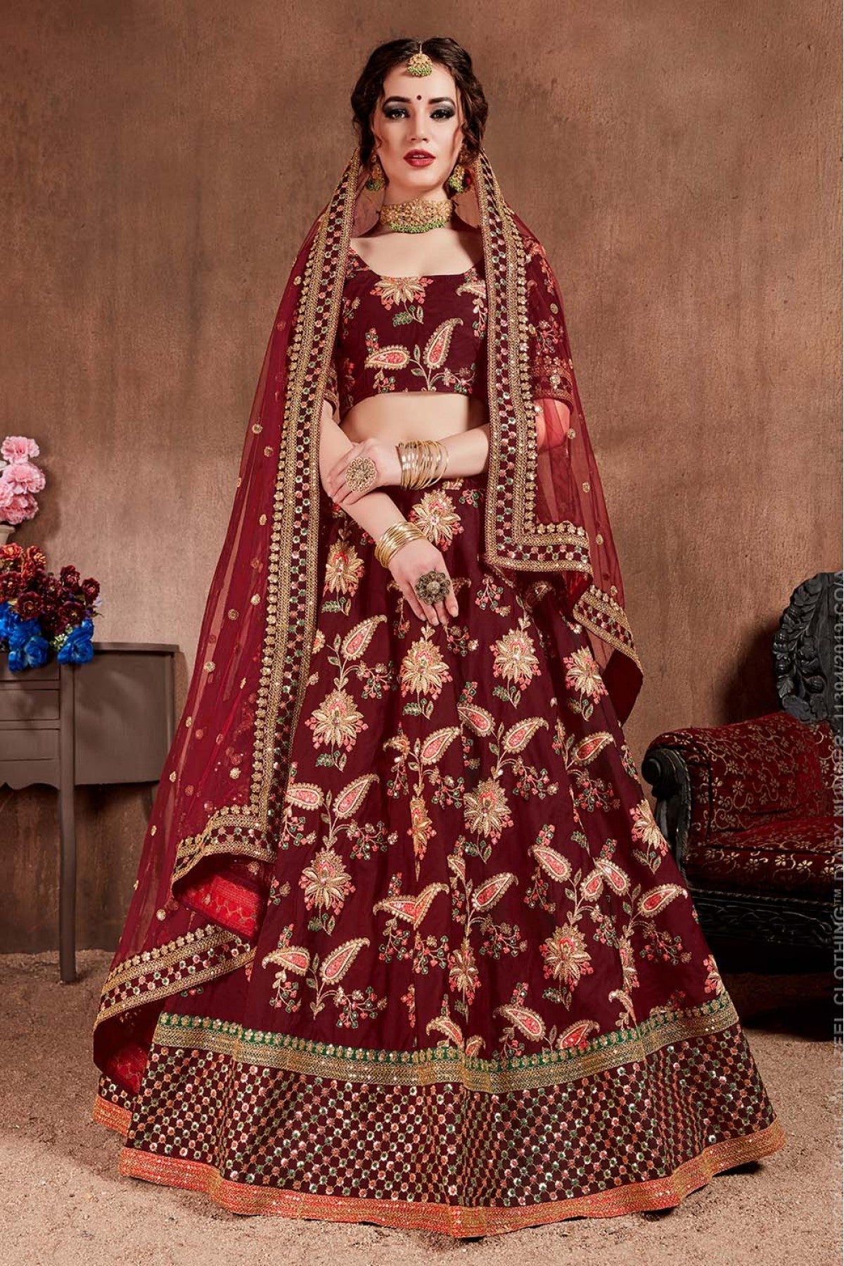 Maroon Colour Taffeta Silk Lehenga Choli