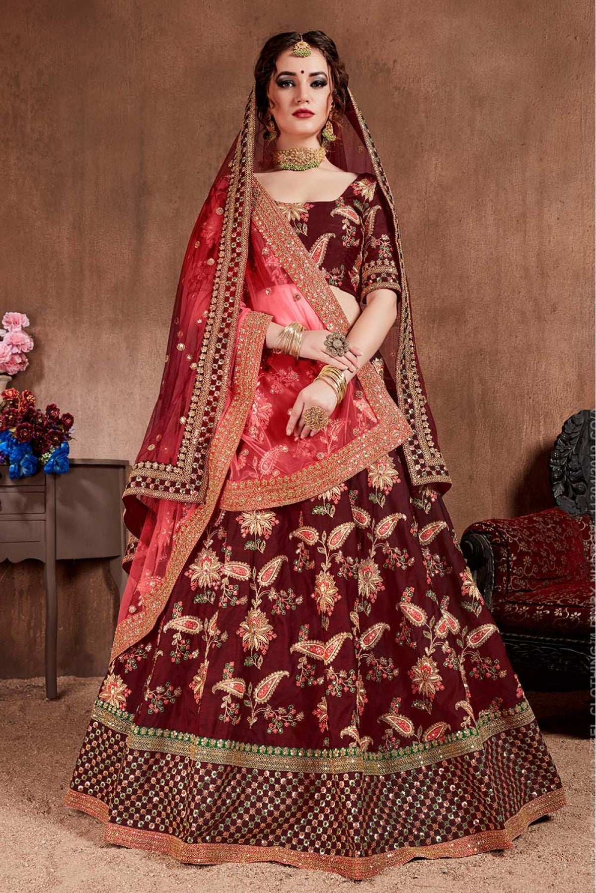 Maroon Colour Taffeta Silk Lehenga Choli