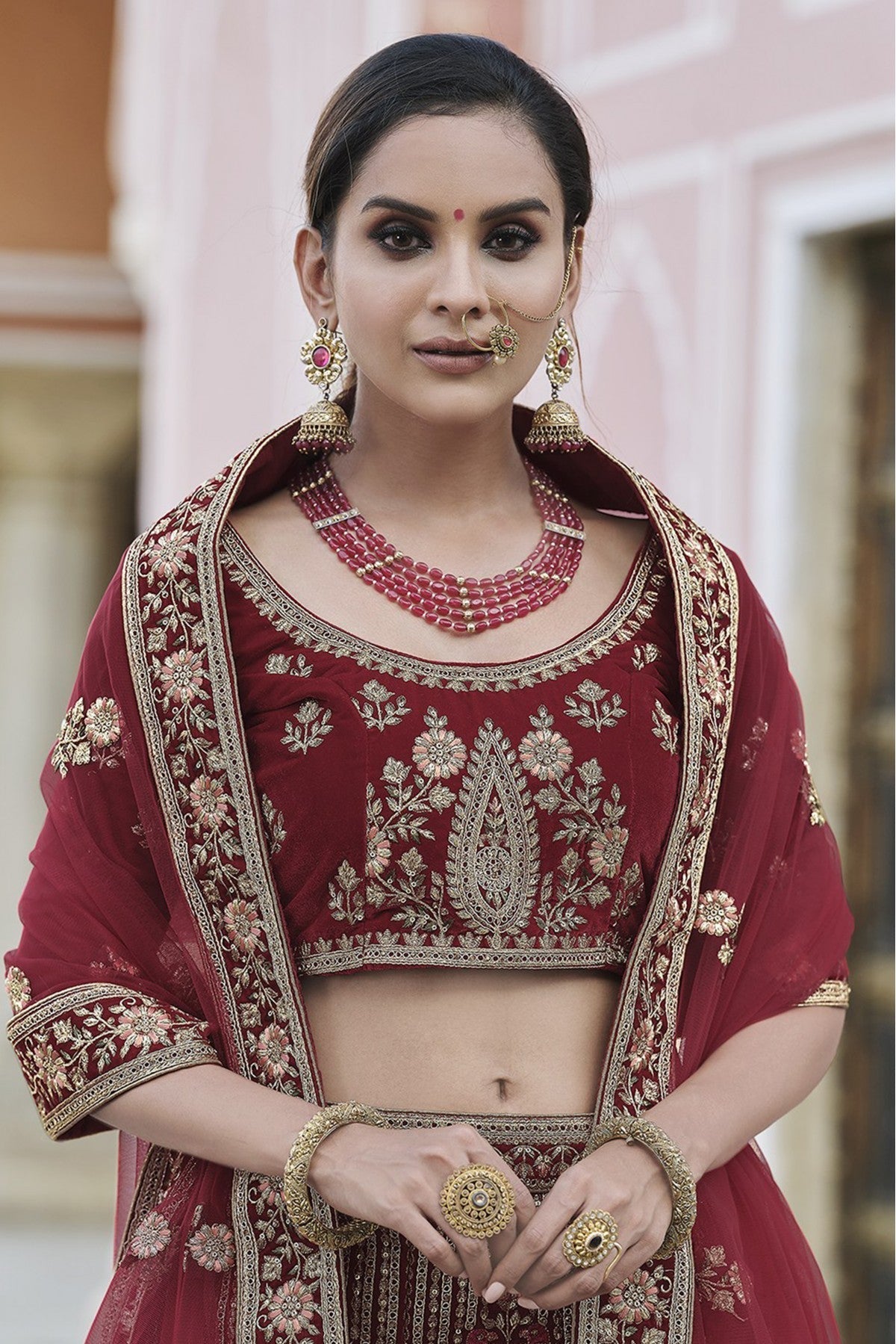 Maroon Colour Velvet Hand Work Lehenga Choli