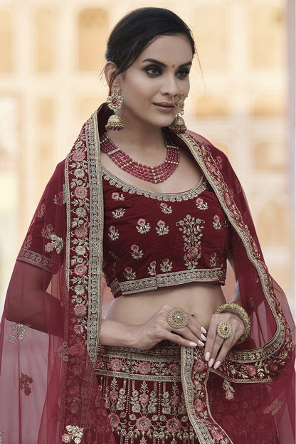 Maroon Colour Velvet Hand Work Lehenga Choli