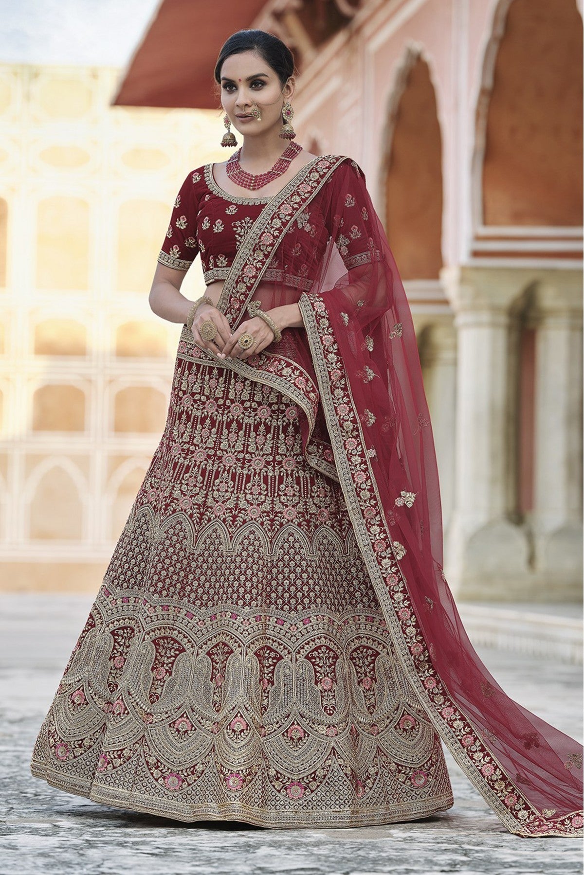 Maroon Colour Velvet Hand Work Lehenga Choli