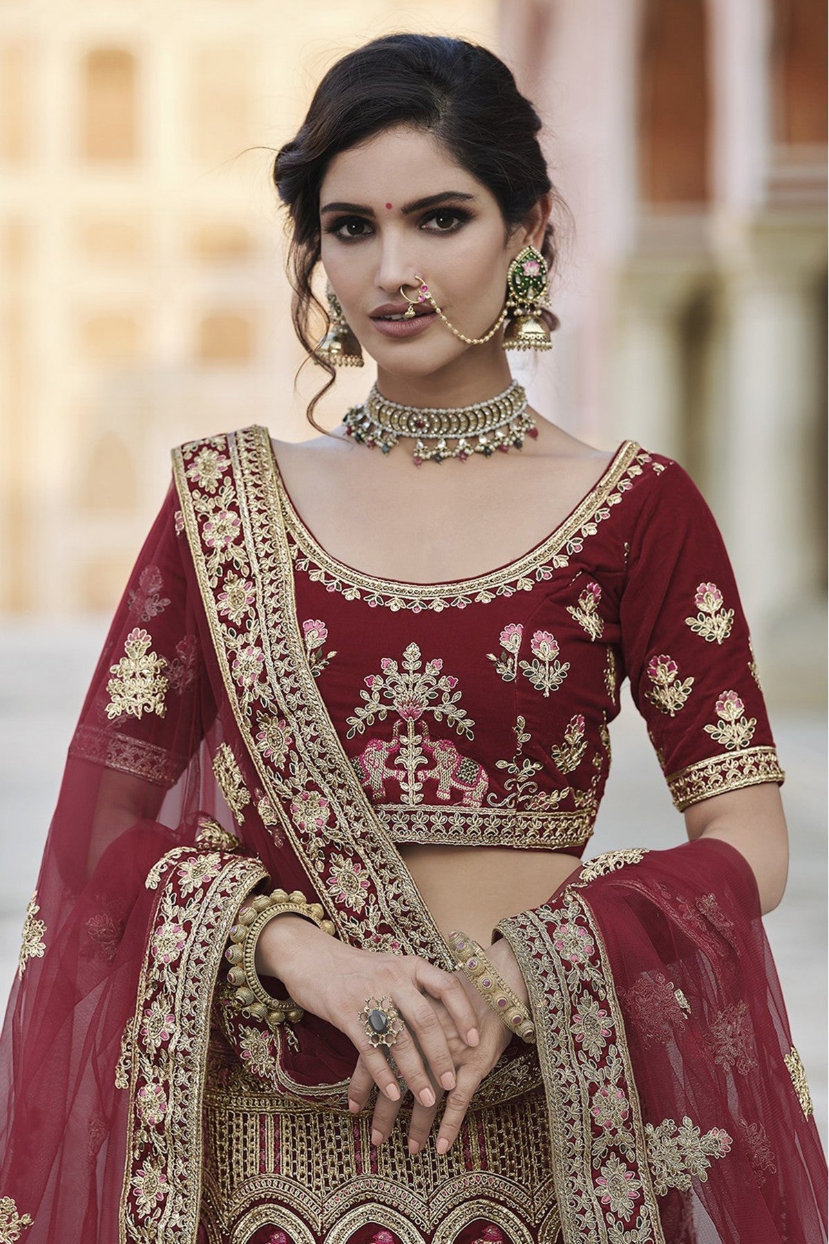 Maroon Colour Velvet Hand Work Lehenga Choli