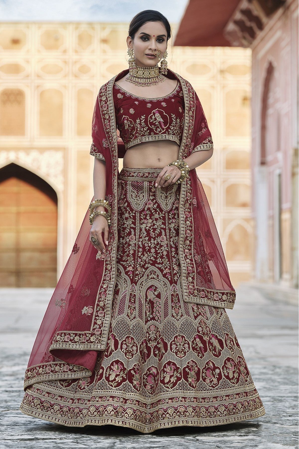 Maroon Colour Velvet Hand Work Lehenga Choli