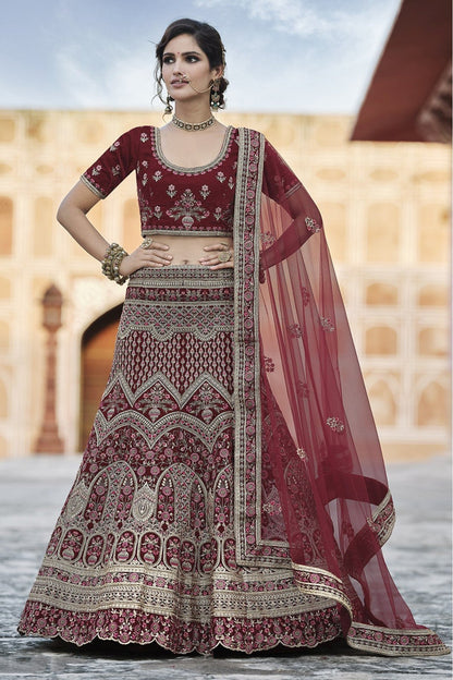 Maroon Colour Velvet Hand Work Lehenga Choli