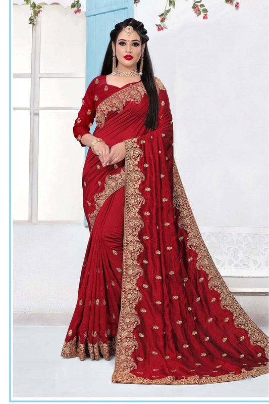 Maroon Colour Vichitra Silk Embroidery Saree