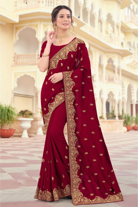 Maroon Colour Vichitra Silk Embroidery Saree