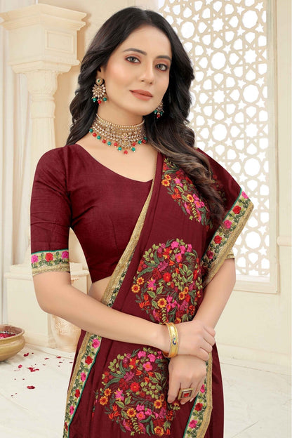 Maroon Colour Vichitra Silk Embroidery Saree