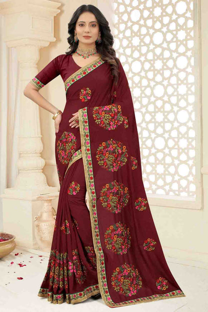 Maroon Colour Vichitra Silk Embroidery Saree