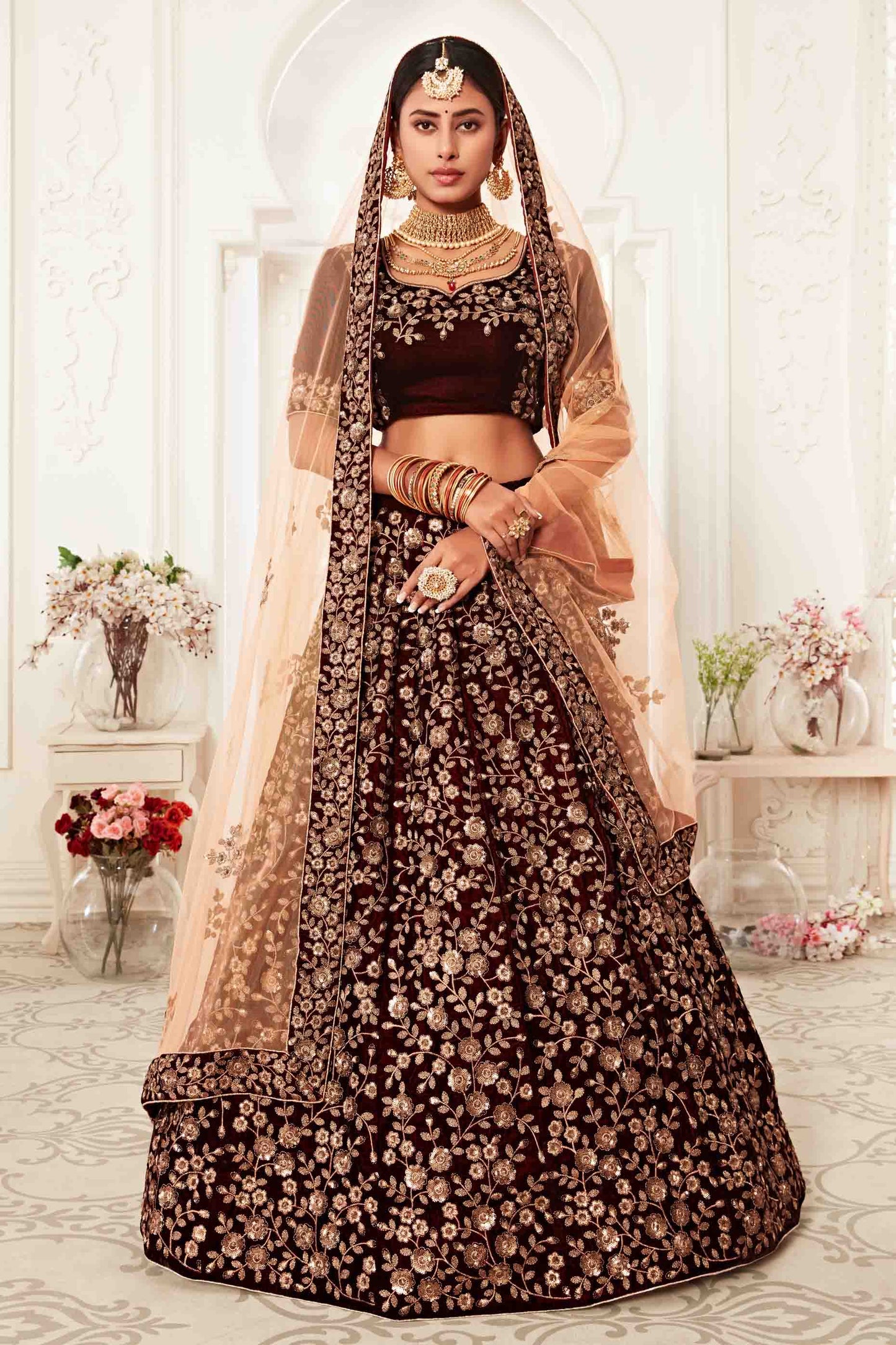 Maroon Velvet Designer Lehenga Choli