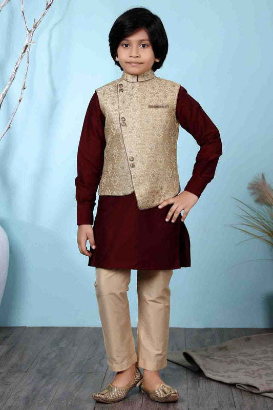 Maroon and Beige Colour Cotton Silk Kurta Pajama With Jacket