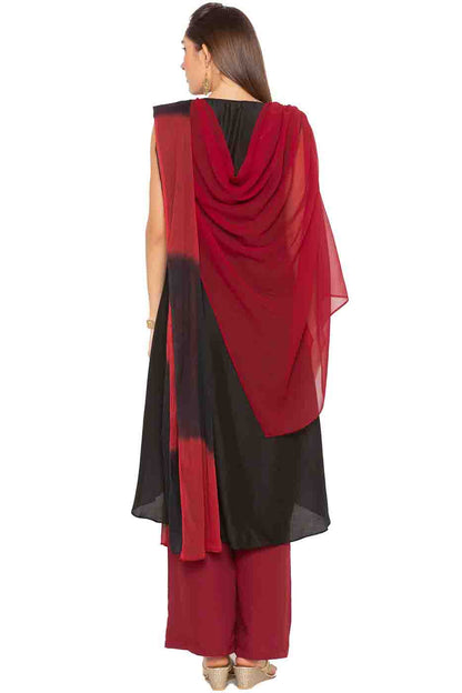 Maroon and Black Colour Plus Size Muslin Embroidery Palazzo Pant Suit