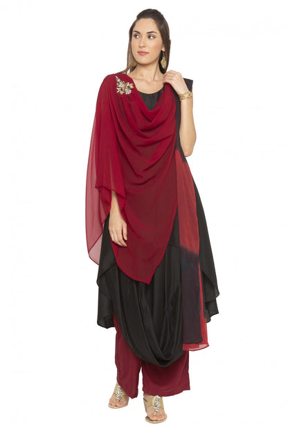 Maroon and Black Colour Plus Size Muslin Embroidery Palazzo Pant Suit