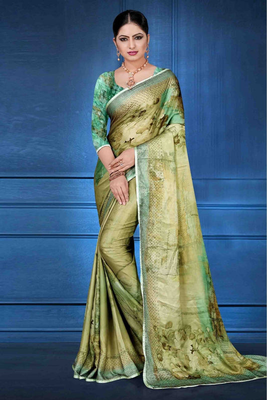 Mehendi Colour Satin Georgette Printed Saree