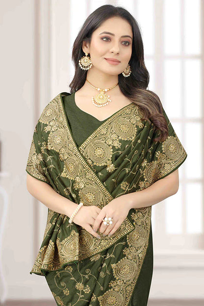 Mehendi Green Colour Vichitra Silk Designer Saree