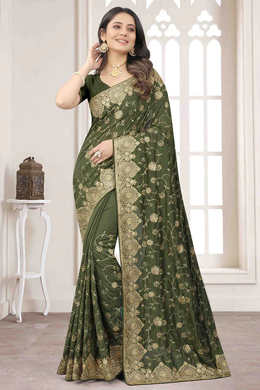 Mehendi Green Colour Vichitra Silk Designer Saree