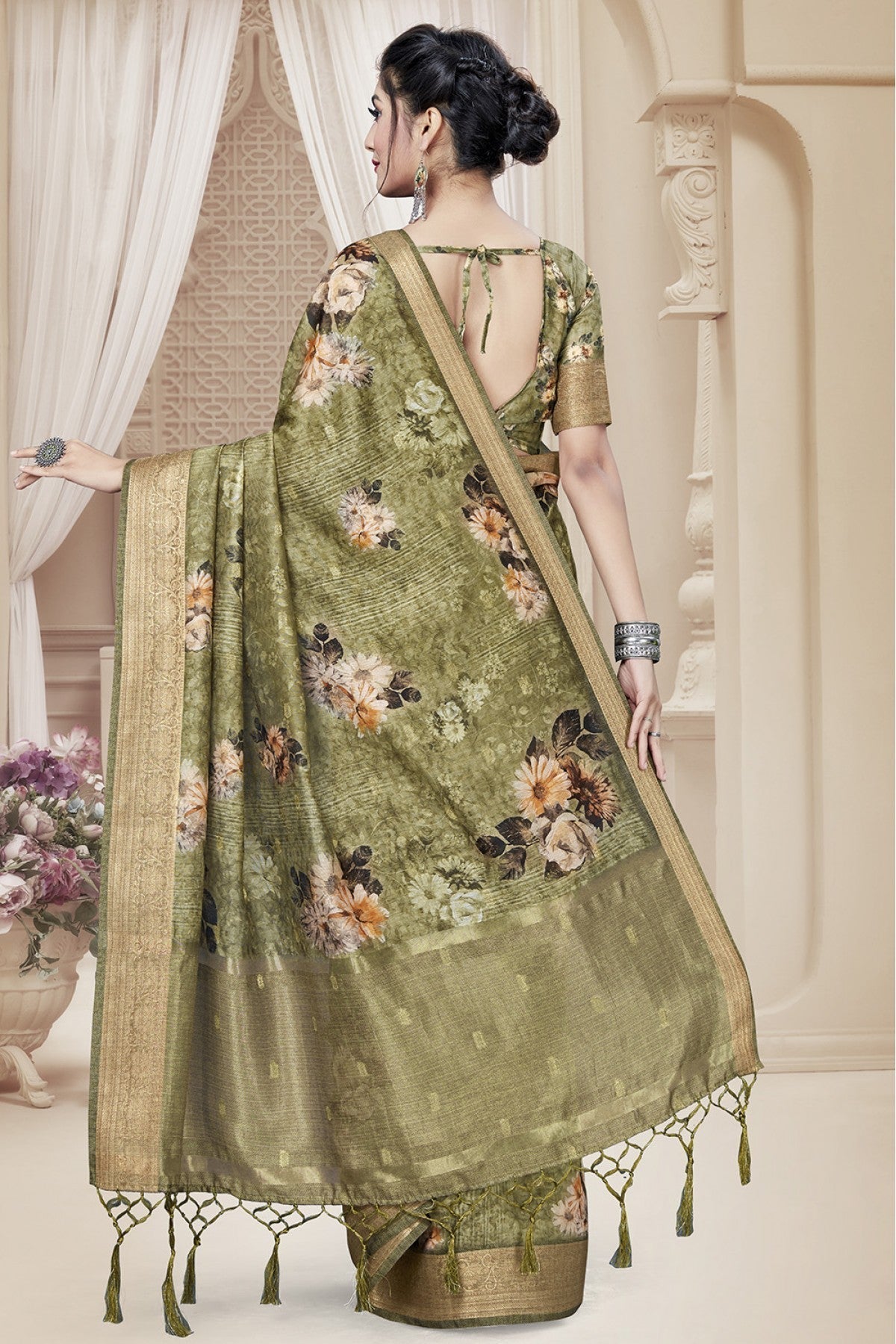 Mehendi and Green Colour Art Silk Printed Saree