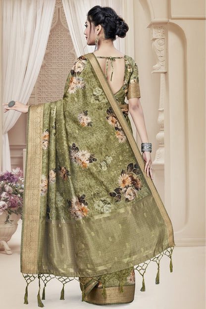 Mehendi and Green Colour Art Silk Printed Saree