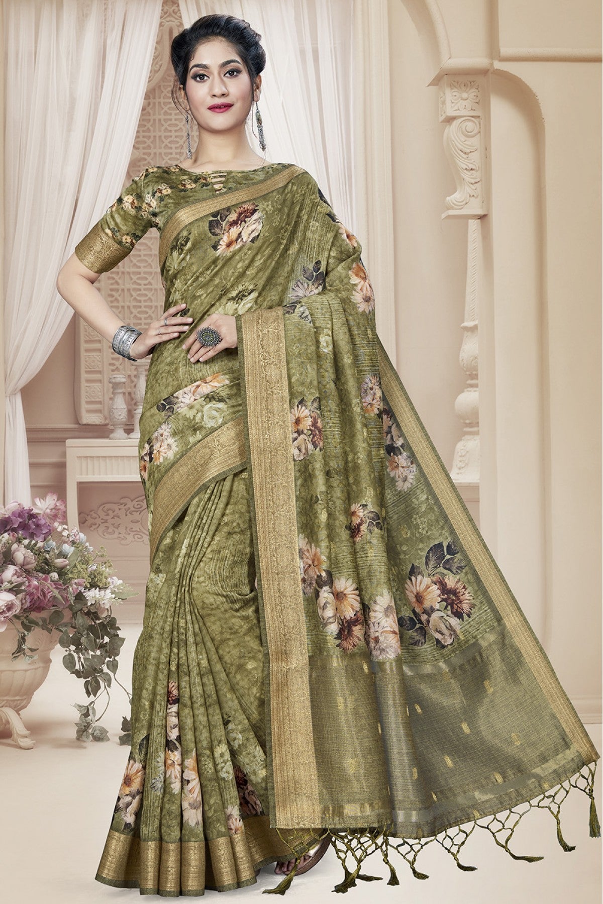 Mehendi and Green Colour Art Silk Printed Saree