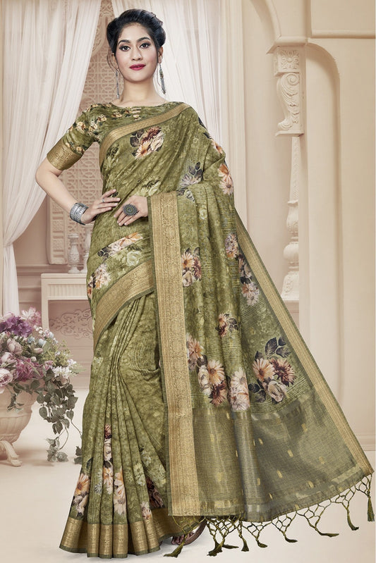 Mehendi and Green Colour Art Silk Printed Saree