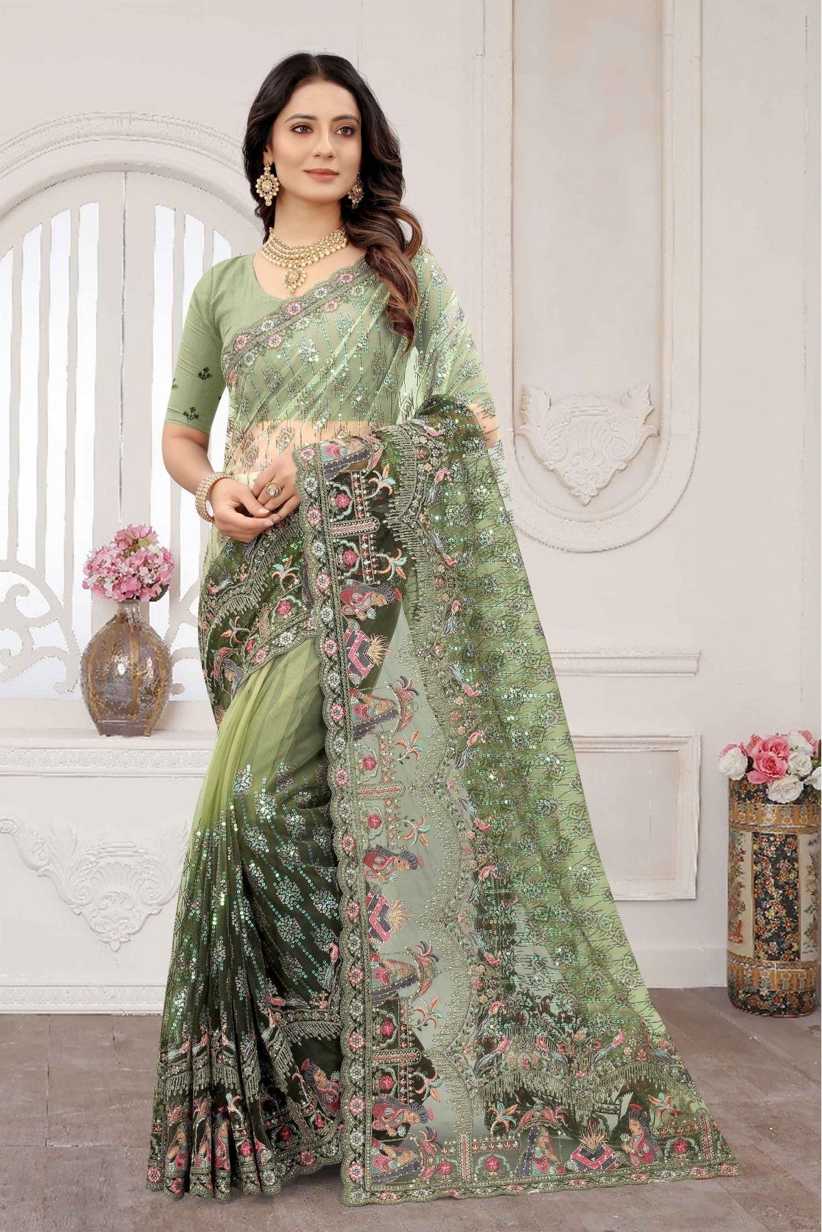 Mehendi and Green Colour Net Embroidery Saree