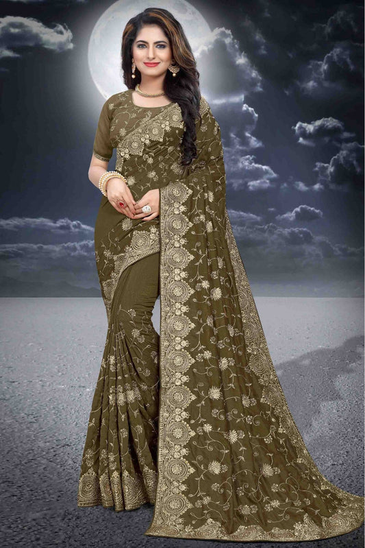 Mehendi and Green Colour Vichitra Silk Designer Saree