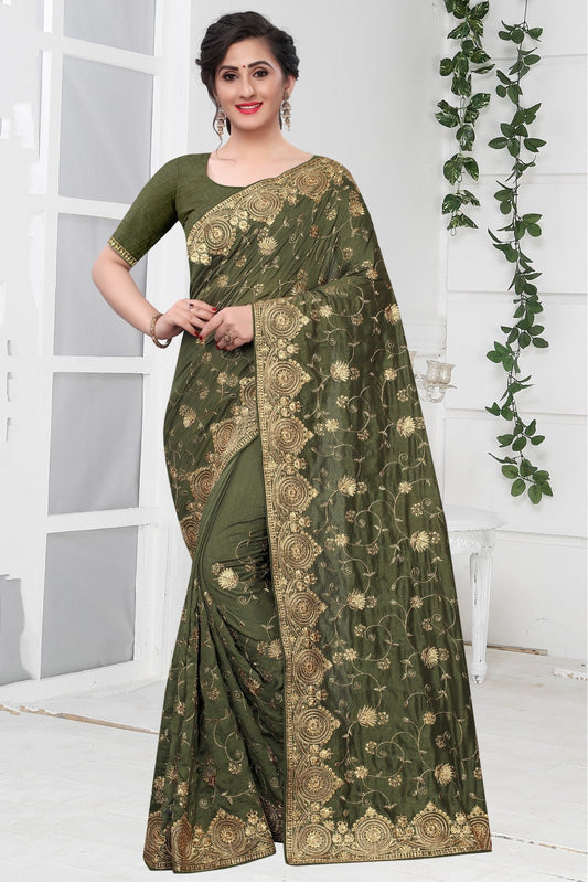 Mehendi and Green Colour Vichitra Silk Designer Saree