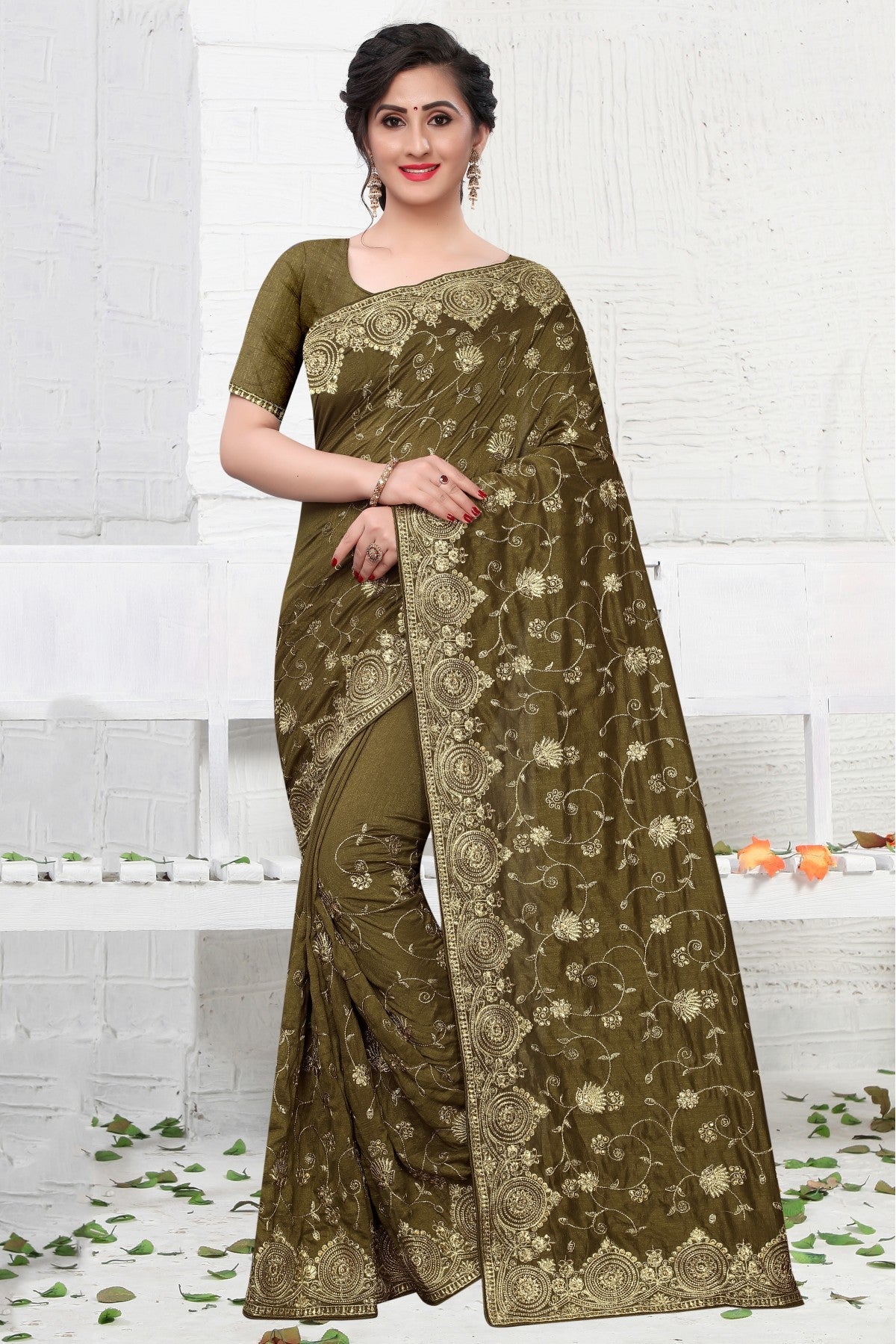 Mehendi and Green Colour Vichitra Silk Designer Saree