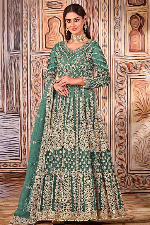 Mint Blue Colour Net Semi Stitched Anarkali Suit