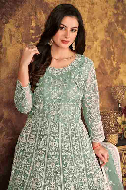 Mint Green Colour Net Semi Stitched Anarkali Suit