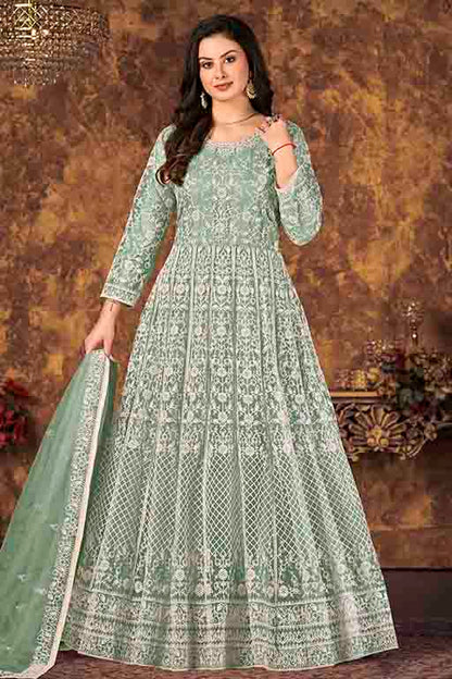 Mint Green Colour Net Semi Stitched Anarkali Suit