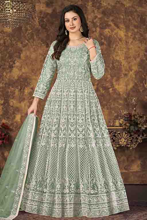 Mint Green Colour Net Semi Stitched Anarkali Suit