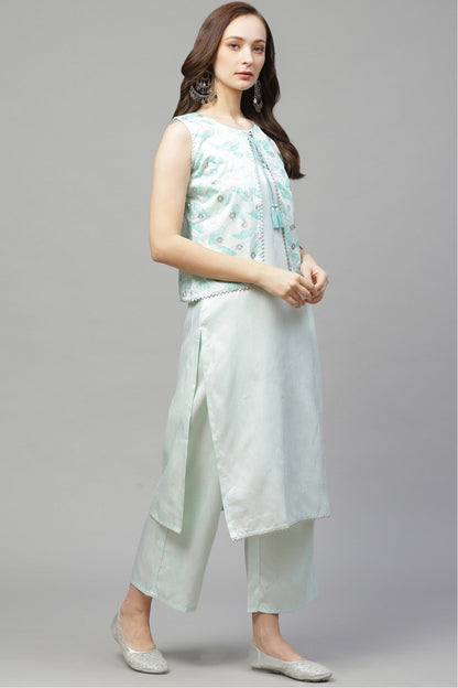 Mint Green Colour Plus Size Poly Silk Straight Kurta Palazzo Set