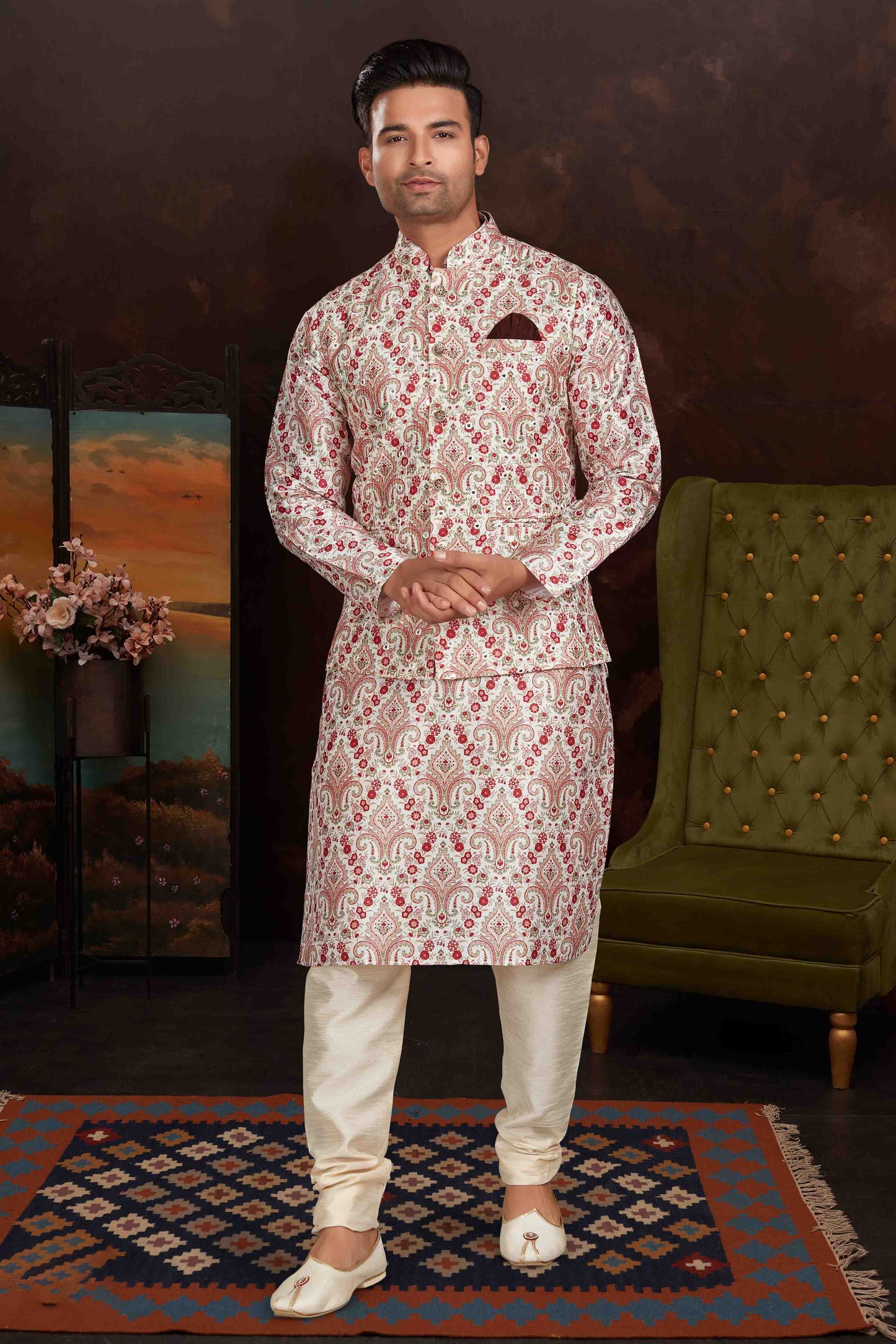 Multicolour Kurta Pajama With Jacket In Malai Silk