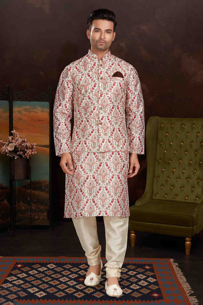 Multicolour Kurta Pajama With Jacket In Malai Silk