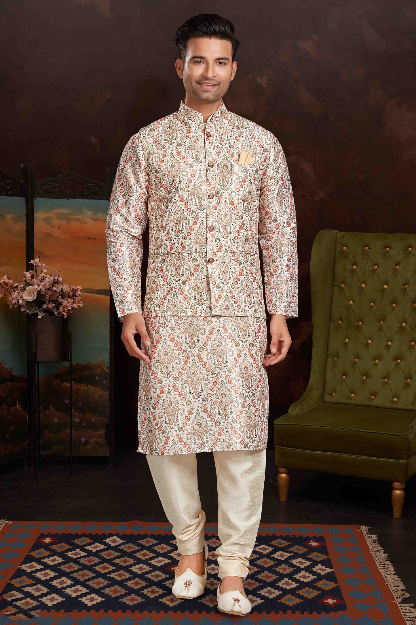 Multicolour Kurta Pajama With Jacket In Malai Silk