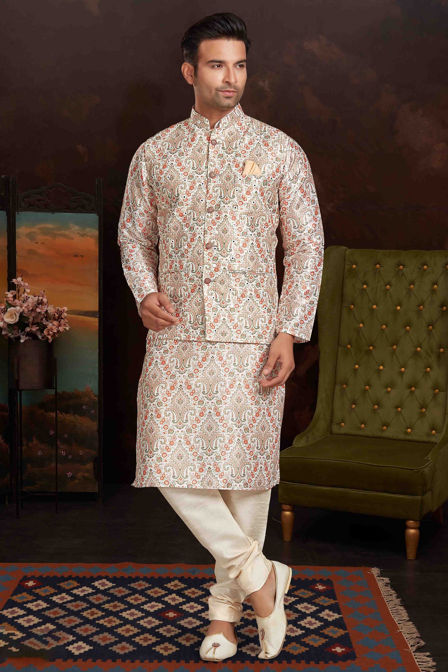 Multicolour Kurta Pajama With Jacket In Malai Silk