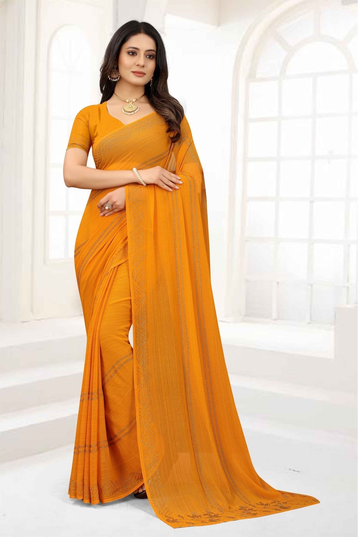 Mustard Colour Chiffon Stone Work Saree VSSD1120996